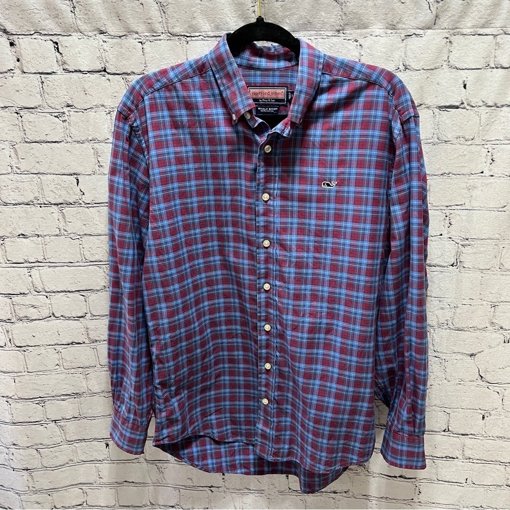Vineyard Vines Whale Logo Button Down Shirt Mens Small Blue Plaid Cotton